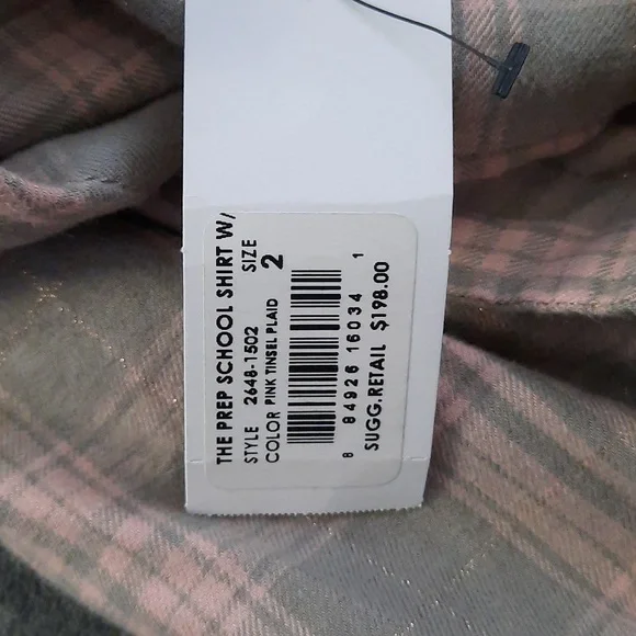 Current/Elliot NWT Prep School Fray Hem Pink Tinsel Plaid Button Up Shirt Size 2 - Picture 8 of 11